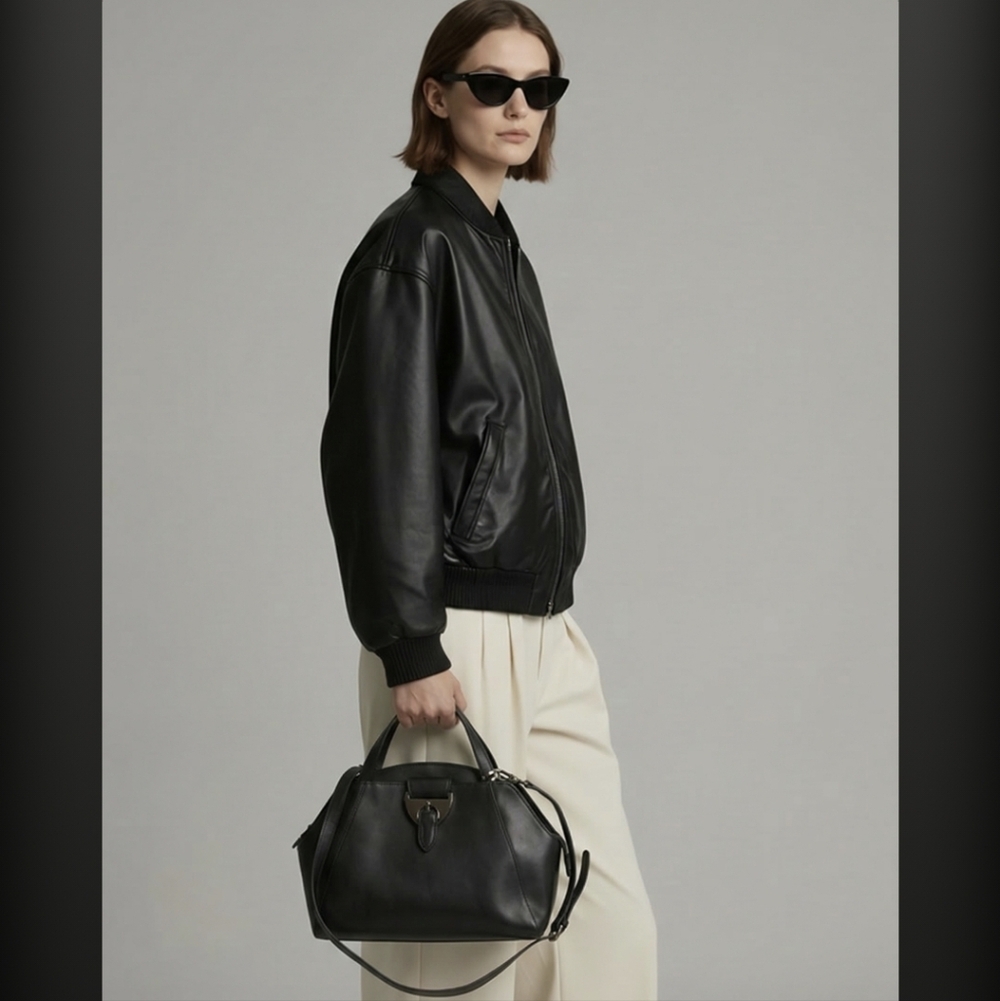 Nicoli Classic Black Leather Top-Handle Tote Bag with Shoulder Strap